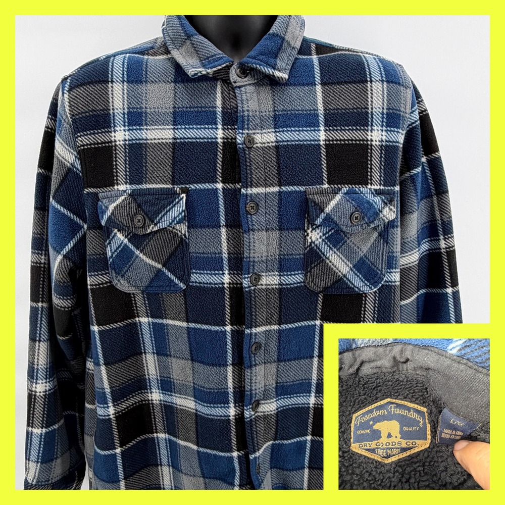 Freedom Foundry Men's L Fleece Flannel Shirt Jacket Sherpa Lined Plaid Blue